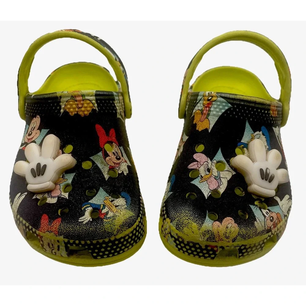 Disney Mickey Minnie Crocs Kids C8 Black‎ Lime Classic Clog Jibbitz Toddler